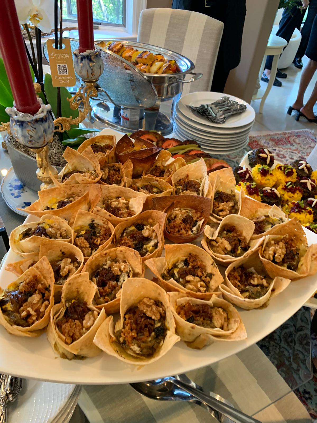 Persian tortilla cups with walnut filling and saffron rice bites
